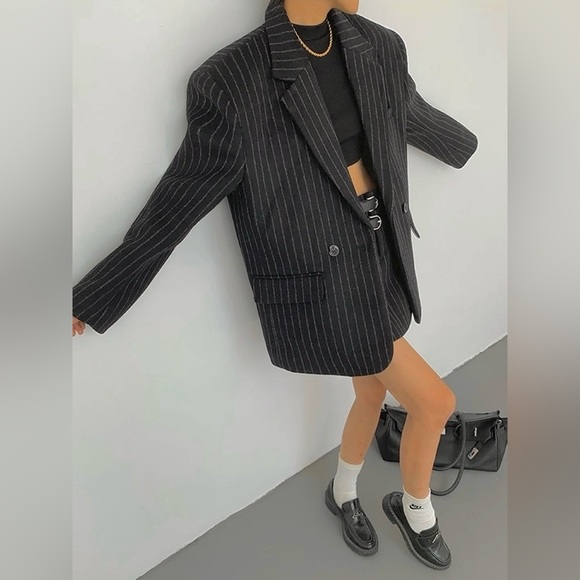 Commense Jackets & Blazers - Commense Dark Gray Pinstripe Oversized Blazer